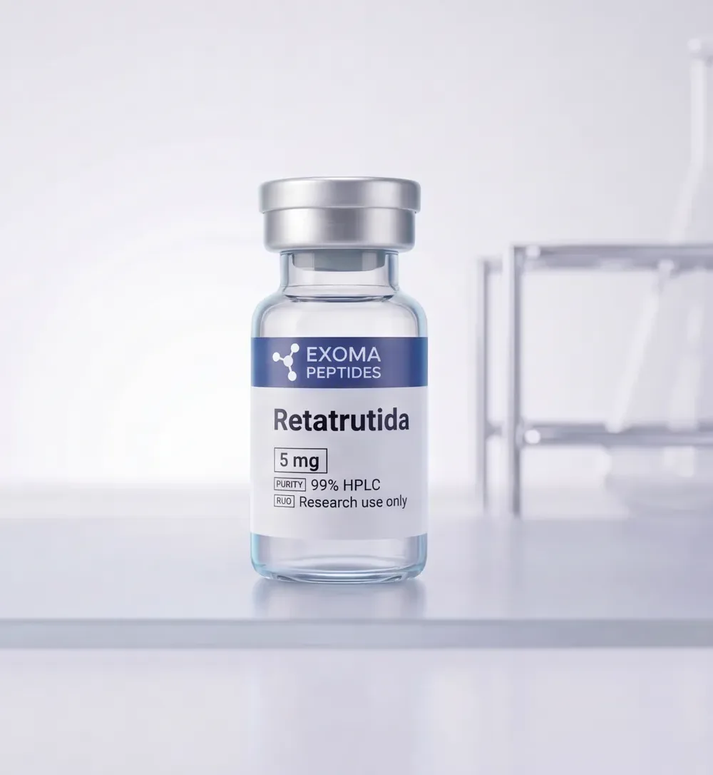 EXOMA Peptides — vial de Retatrutida grado investigación en laboratorio, 99% HPLC